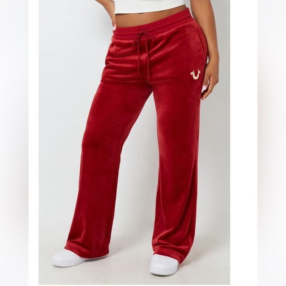 True Religion Women's Red Dahlia Velour Pants Straight Leg size XL - Picture 1 of 7